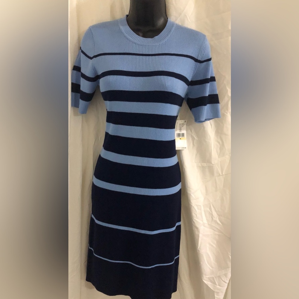Karen Kane blue multi colorblock striped mockneck sweater dress size medium new